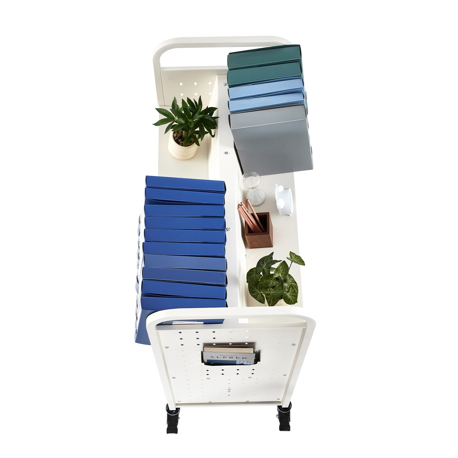 3-tier Rolling Book Cart Double Sided W-shaped Shelving Unit White_voghion.com